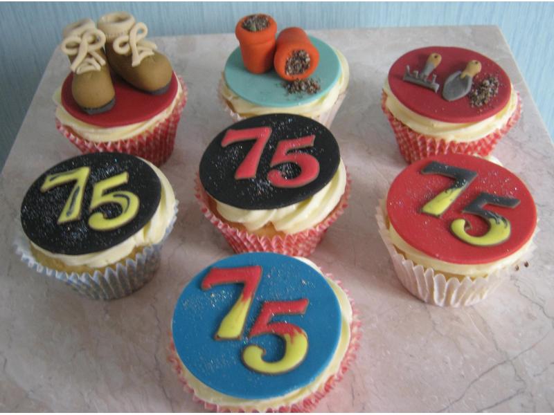 Gardener's cupcakes for 75 year old Bill in Thornton-Cleveleys, some in Madeira sponge and some in chocolate sponge.