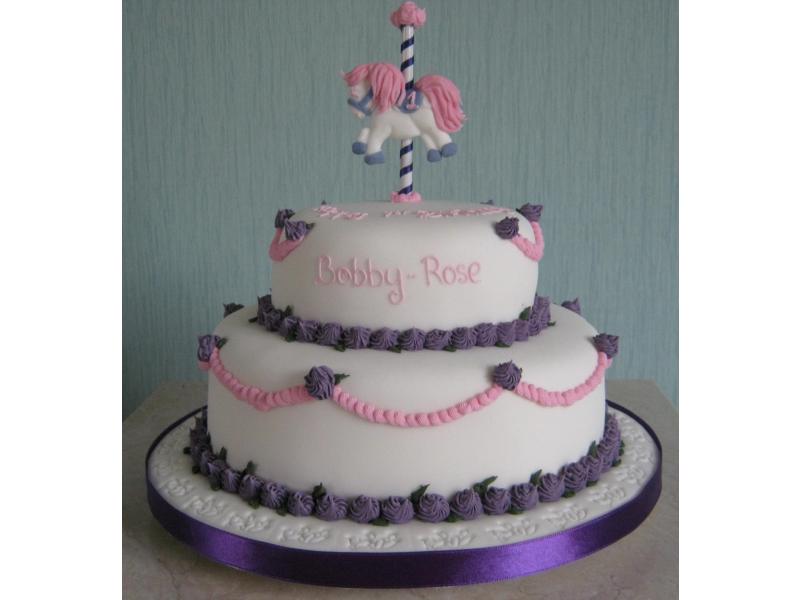 Carousel Pony on plain sponge cake for Bobby-Rose's 1st birthday in Blackpool