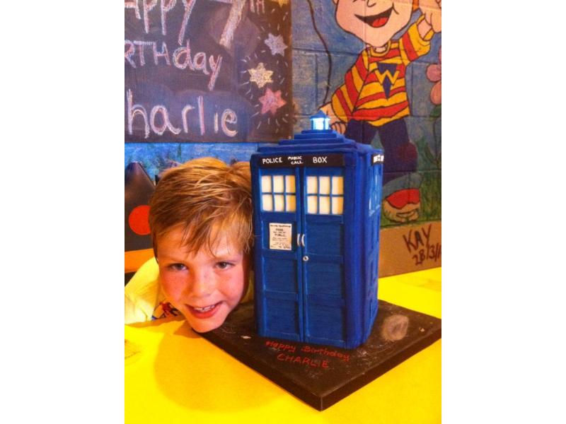 Tardis - Dr Who's Tardis complete with flashing light in chocolate sponge for Charlie's birthday in Lytham St Annes