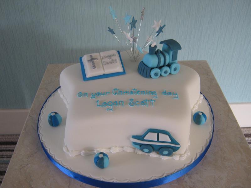 Logan's blue-themed Christening Cake in lemon sponge for a 2 year old in Lytham