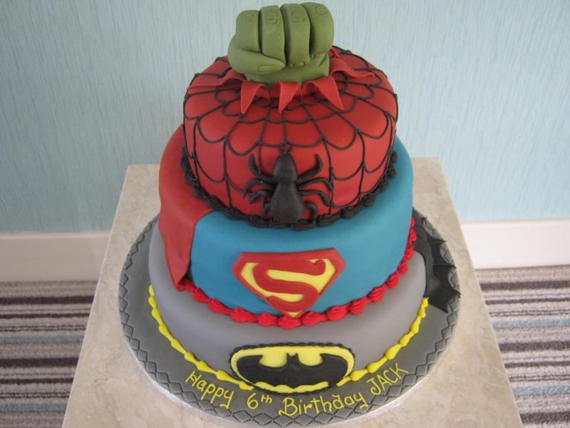 Super Heroes Cake featuring Batman, Superman & Spiderman for Jack's 6th birthday from chocolate, madeira and lemon sponges