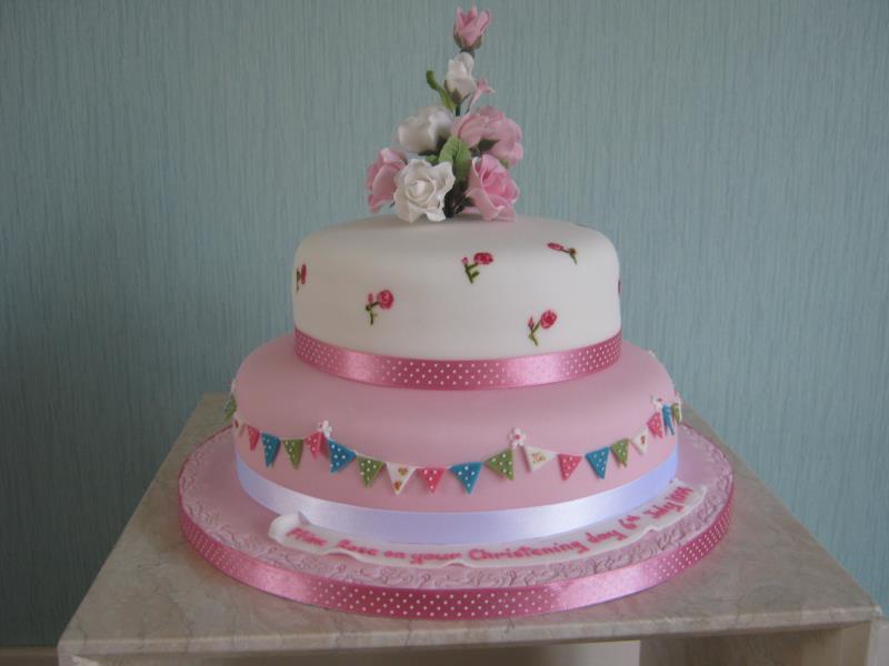Cath Kidston themed Christening Cake with roses i chocolate sponge for Ffion Rose in Thornton-Cleveleys