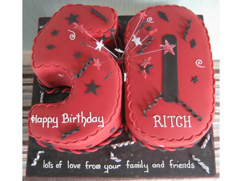 Rich - 50th birthday black and red themed cake for special friend in #St Annes from chocolate and vanilla sponges.