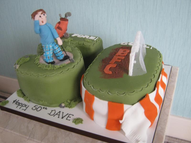 Golf and Blackpool FC fan celebrating his 50th birthday in Blackpool, made from plain and chocloate sponges.
