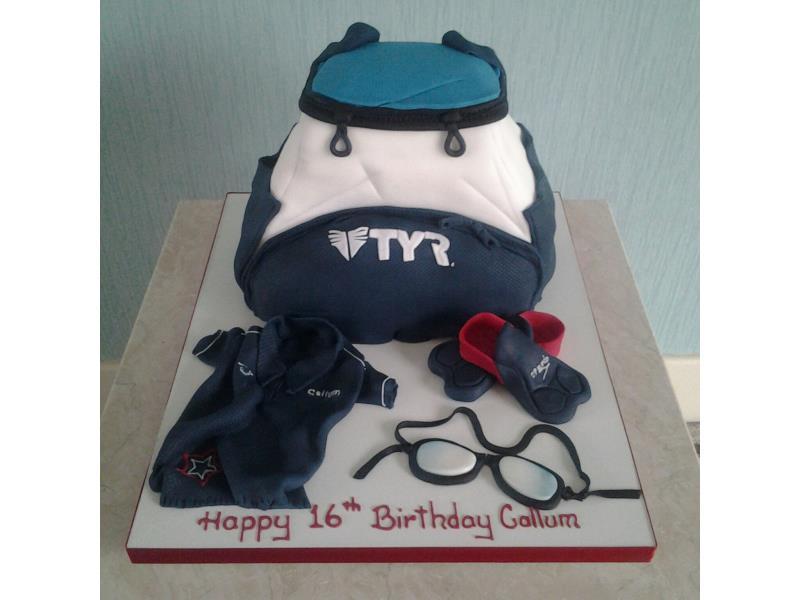 Swimming them with sports bag, fins and goggles for Bolton swimmer Callum's 16th birthday in Euxton, made from chocolate sponge