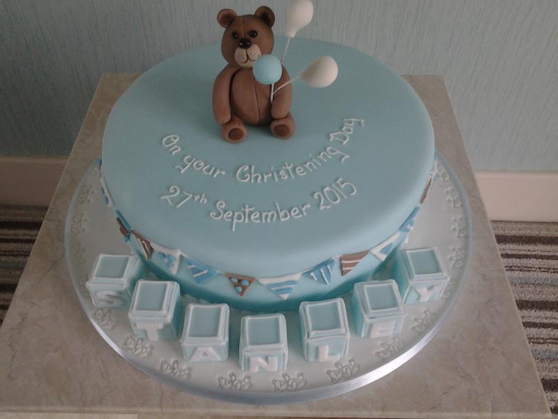 Teddy Bear with bunting made from vanilla sponge for Stanley's Christening in Thornton