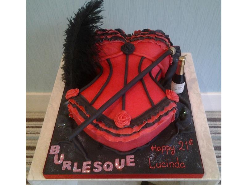 Burlesque - themed cake with red basque, cane and champagne bottle candle in vanilla sponge for Lucinda in Lytham for her 21st