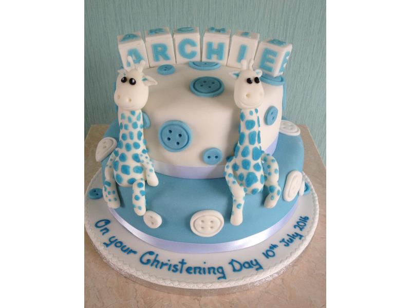 Giraffe Christening Cake in blue and white made from chocolate and plain sponges for Archie in Clevelys