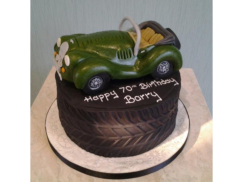 Morgan car - on a Tyre Cake of chocolate and orange sponge for Barry in Manchester