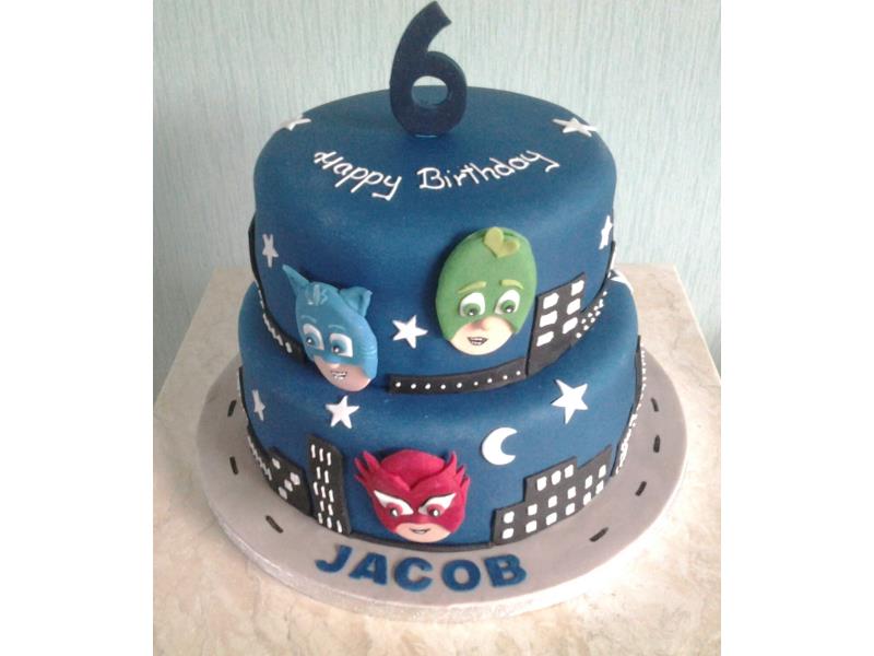 P J Masks - 2 tier cake in chocolate and plain sponges for Jacob in Lytham