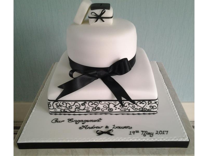 Black & White classy engagement with ring in a box cake for Lauren & Andrew in Blackpool. Made in chocolate with orange sponge