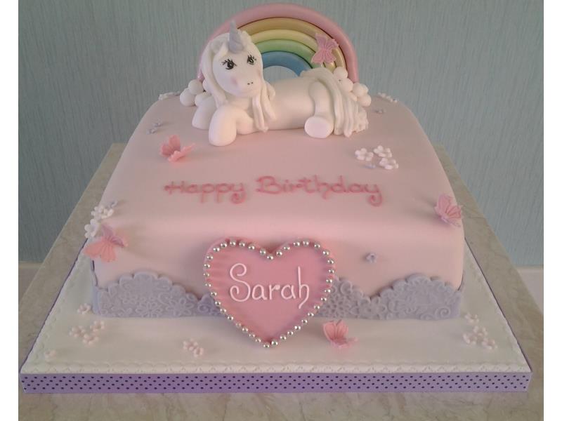 Unicorn cake with rainbow in vanilla sponge for Sarah's birthday in Preston