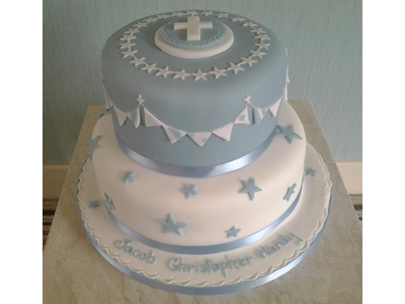 Blue & White - Jacob's Christening Cake with cross and bunting. Made from vanilla sponge