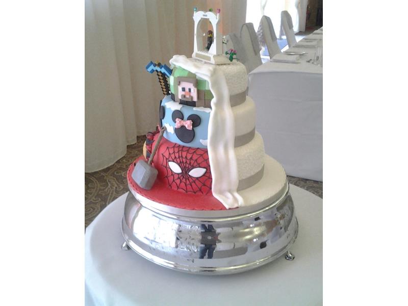 Traditional & Comic - half and half wedding cake with tradional, spiderman, Minecraft, Minnie Mousefor Kiera & Cameron at The Villa, Wrea Green