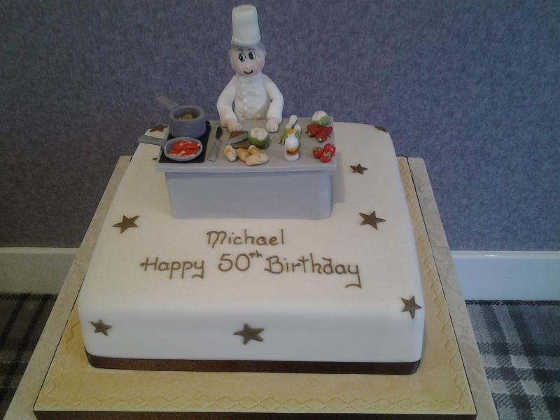 Chef -at work, made from chocolate with orange sponge and hand modelled figure and decorations. 50th birthday in Bispham