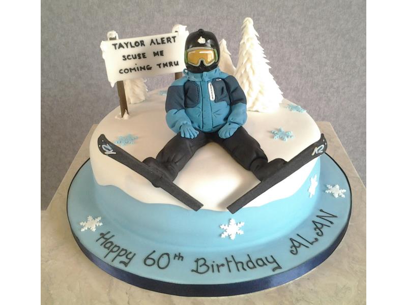 Skiing mad Alan's 60th birthday cake in vanilla psonge with hand modelled figure