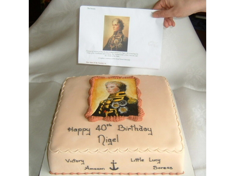 Nigel - Unique square birthday cake based on the interests of the customer, with a handpainted picture of Horatio Nelson copied from a portrait