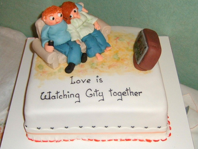 Love Is - Manchester City fans wedding anniversary cake for Claire and Martin
