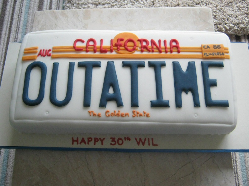Back to the Future - A cake shaped in the style of the license plate from Back to the Future for Wil's 30th.